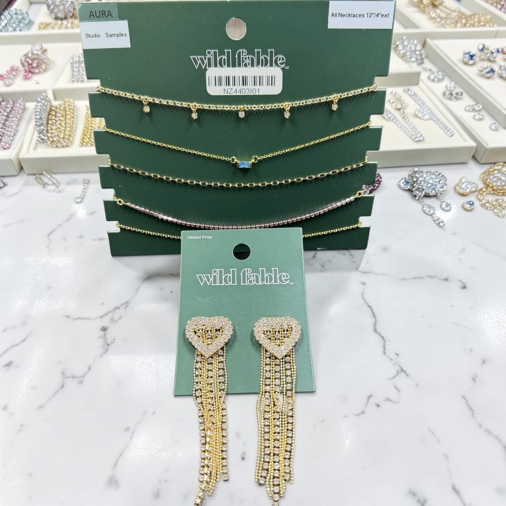 Wild Fable Gold Rhinestone Fringe Heart Earrings Layered Necklace Set NWT‎
